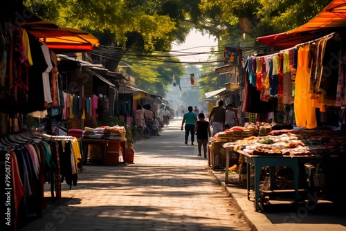 A vibrant street market with stalls selling handicrafts, textiles, and unique local goods.