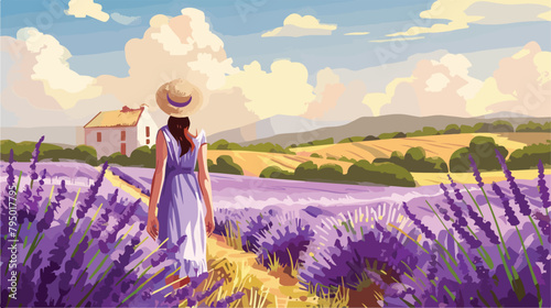 Farmer in beautiful lavender field Vector illustration