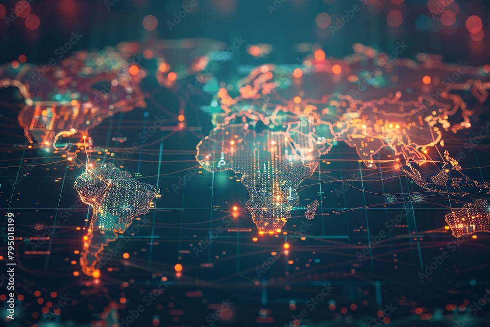 Obraz premium Digital network overlay on a world map, glowing lines connect financial hubs, depicting the web of global economy