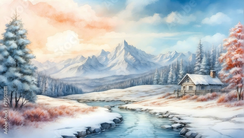 Winter Wonderland: Watercolor Hand Drawing of a Magical Winter Landscape for Visual Identity © Gohgah