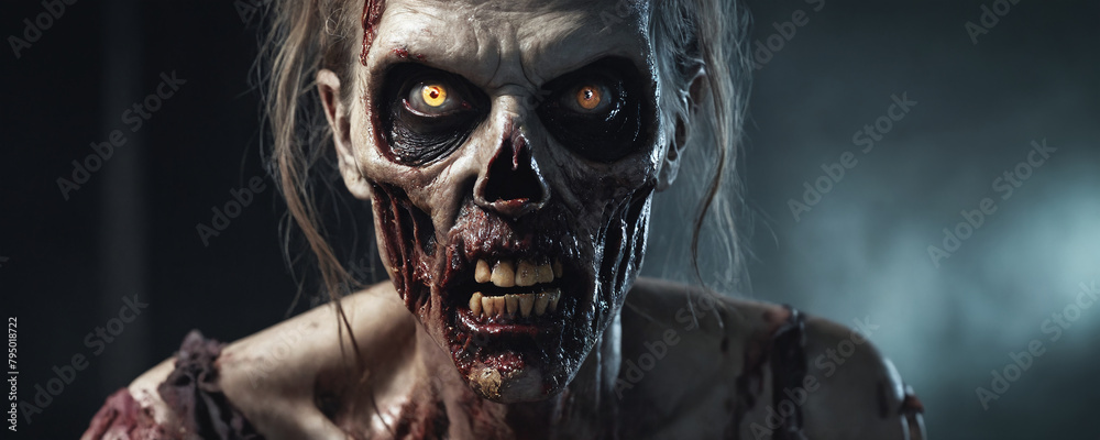 A zombie woman with a chilling expression with blood smeared on her face, creating an ominous and disturbing atmosphere. A zombie woman with a chilling expression with blood smeared on her face, creating an ominous and disturbing atmosphere.