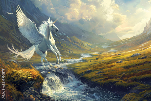 Digital painting of a serene landscape where salmon roe rivers flow beneath a Pegasus in flight, embodying harmony and peace photo
