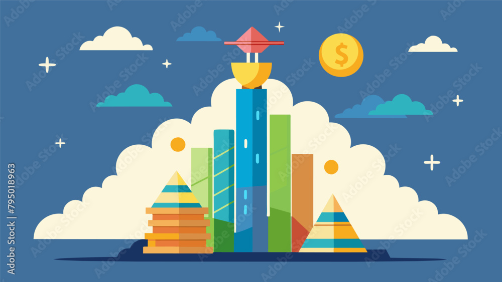 Obraz premium A towering monument made of money bags and financial charts pays homage to the importance of setting and achieving financial goals.
