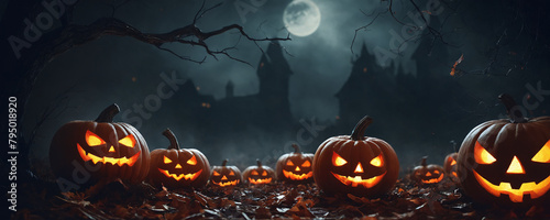 A group of elaborately carved glowing pumpkins against a blurred dark background of the outline of an eerie majestic castle and the moon. Halloween theme.