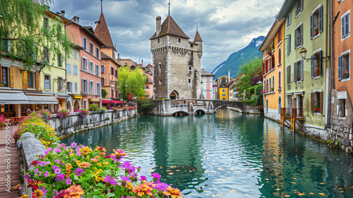 Old town with medieval architecture in Annecy France.