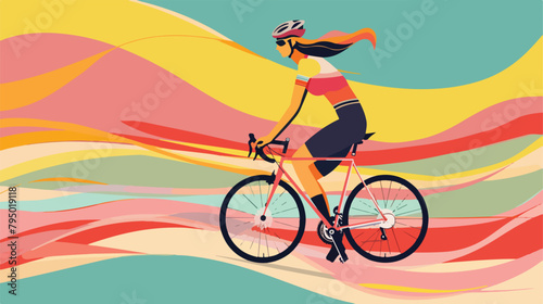Female cyclist with bicycle on color background Vector © Mishab