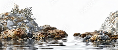 Realistic Image of a rocky shore seascape on a white background, Realistic.