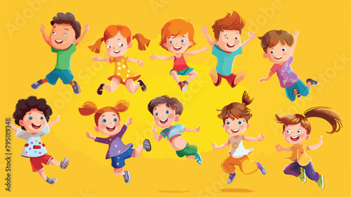Set of jumping little children on yellow background vector