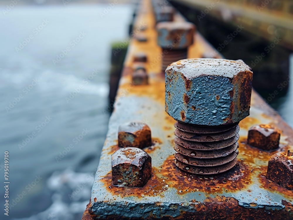 a rusty bolt and nut on a bridge a rusty bolt and nut on a bridge