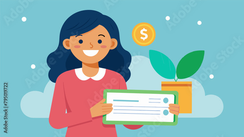 A woman smiling as she receives a dividend check from her socially responsible investment portfolio.