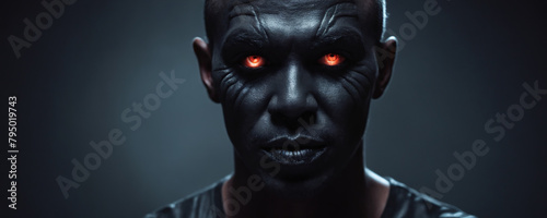 Close-up of a human face with intense red eyes creating a striking and intense focal point. Halloween themed make-up.