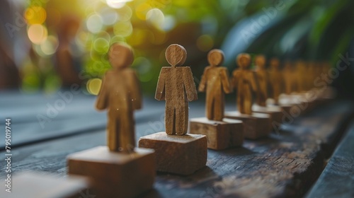 People development concept, wooden people standing on wooden blocks, small symbol working crowd figurine photo