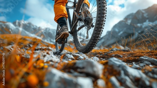 Mountain unicycling, mountain biker on rocky trail in mountains, cycle athlete speed hiking exploration