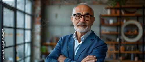 Senior businessman exuding confidence, smiling with arms crossed and looking at camera. Concept Portrait Photography, Business Executives, Professional Photoshoot, Confident Pose, Corporate Headshots photo