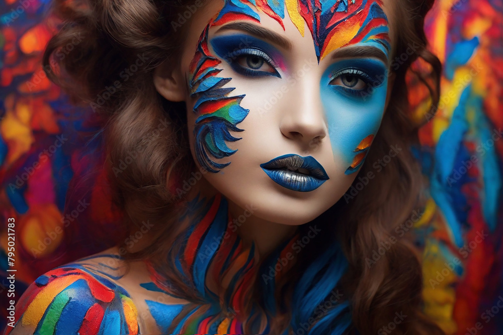 Portrait of the bright beautiful girl with art colorful make-up and bodyart