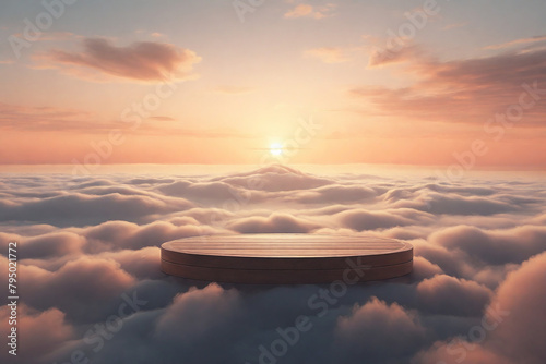 Wooden platform in the clouds at sunset. 3D rendering. #795021772