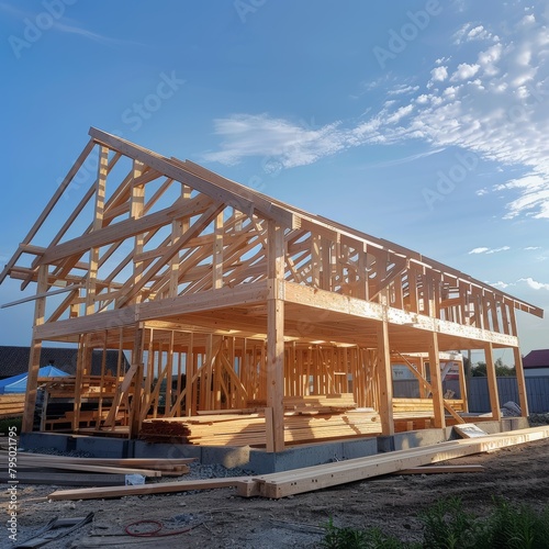 Wooden frame construction with truss, post, and beams for new house manufacturing photo