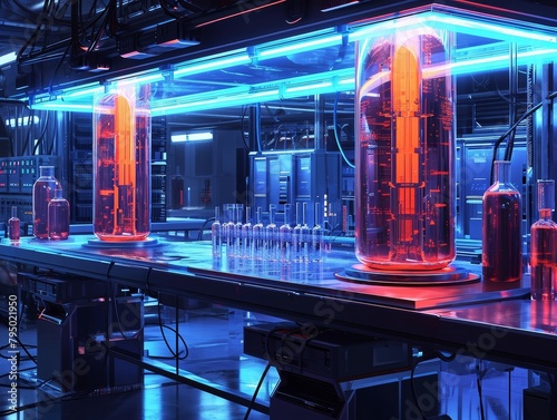 A high-tech replication laboratory with glowing vials and dynamic light trails, conveying the futuristic essence of scientific breakthroughs. photo