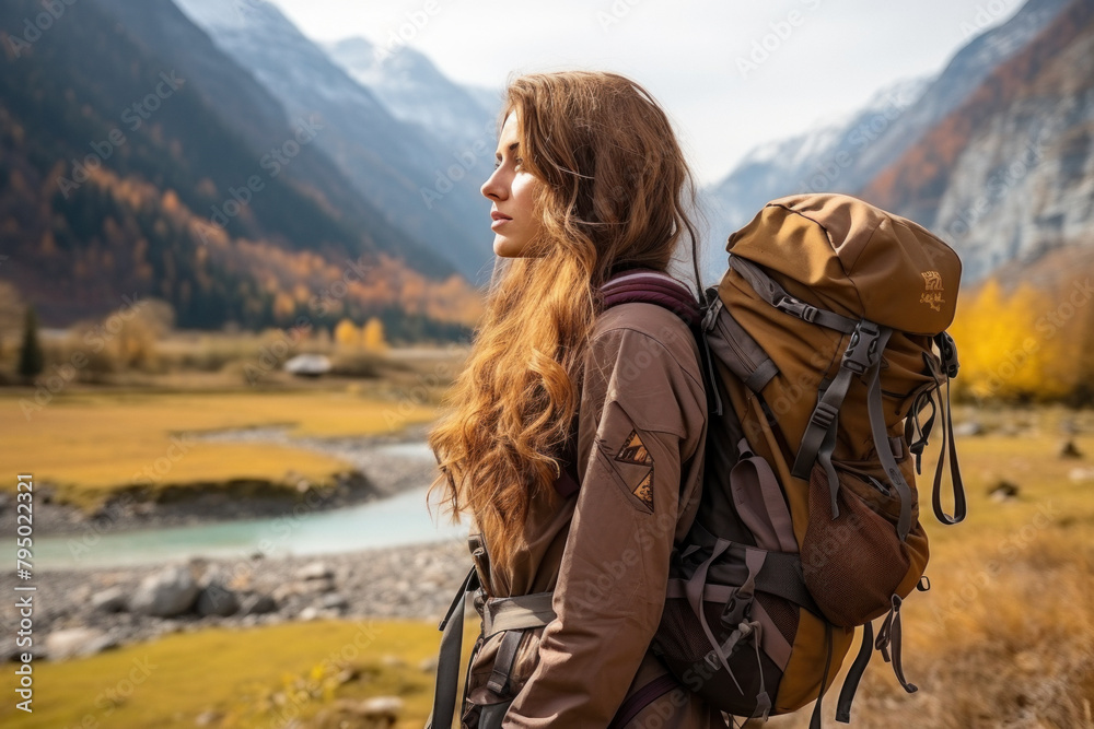 A woman travels in the mountains with a backpack. A woman travels in the mountains with a backpack.