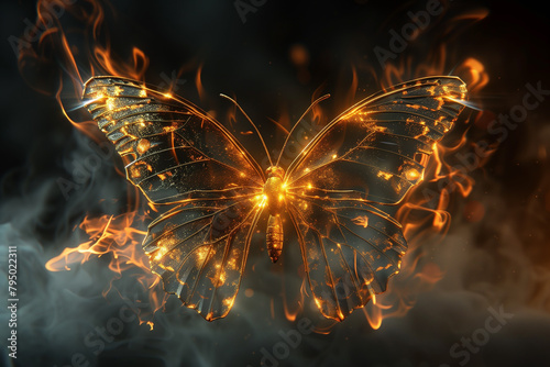 Butterfly on fire on black background  3D creative  illustration