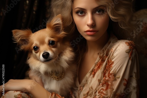 Beautiful young woman with chihuahua dog on dark background