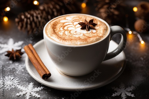 Cup of coffee with latte art and christmas lights on dark background