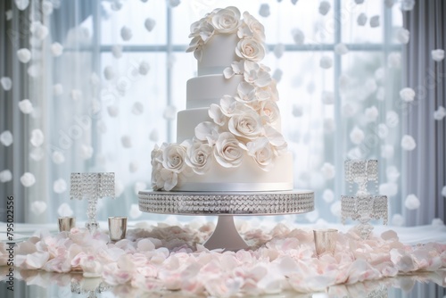 Wedding cake decorated with white roses and pearls on a mirror surface
