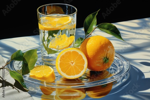 glass of water with lemon and green leaves on a dark background.