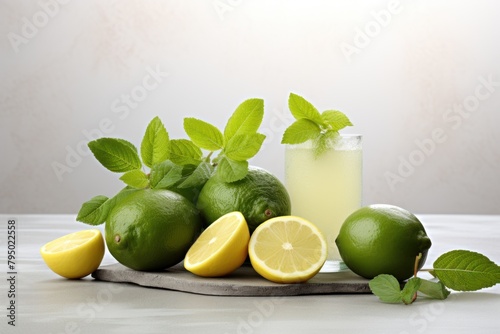 Lemonade with lime and mint on white table, space for text