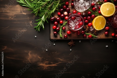 Cranberry, cranberry, rosemary and ice on wooden background