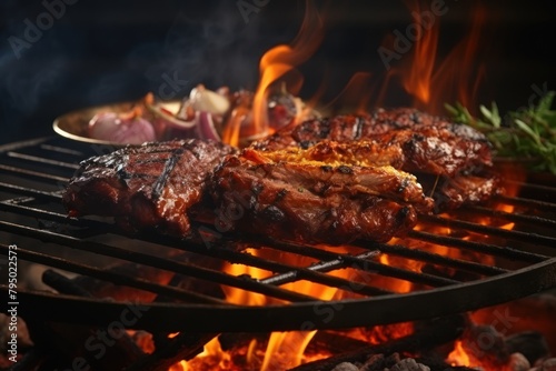 Delicious grilled ribs on barbecue grill, closeup. BBQ party