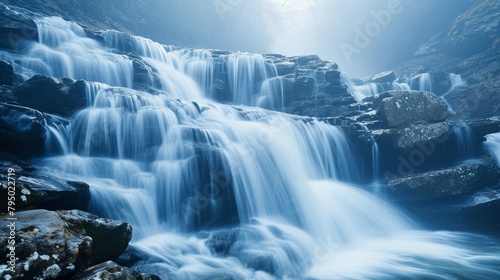 A long-exposure photograph of a cascading waterfall  capturing the silky flow of water over rocks. The cool blue tones and misty atmosphere convey a sense of tranquility and natural beauty
