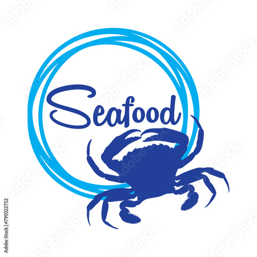 Logo restaurante de mariscos. Palabra Seafood en texto manuscrito con marco circular con líneas con silueta de cangrejo