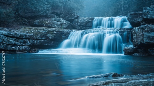 A long-exposure photograph of a cascading waterfall, capturing the silky flow of water over rocks. The cool blue tones and misty atmosphere convey a sense of tranquility and natural beauty