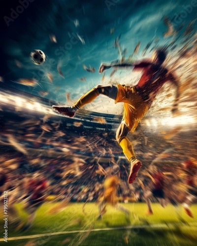 soccer player mid-air, executing a powerful bicycle kick with the stadium crowd in a frenzy. The image captures the athleticism and determination of the player against a backdrop of cheering fans. photo