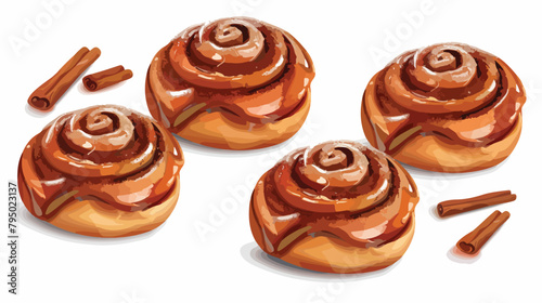 Set of sweet cinnamon buns isolated on white Vector illustration