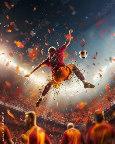 soccer player mid-air, executing a powerful bicycle kick with the stadium crowd in a frenzy. The image captures the athleticism and determination of the player against a backdrop of cheering fans.