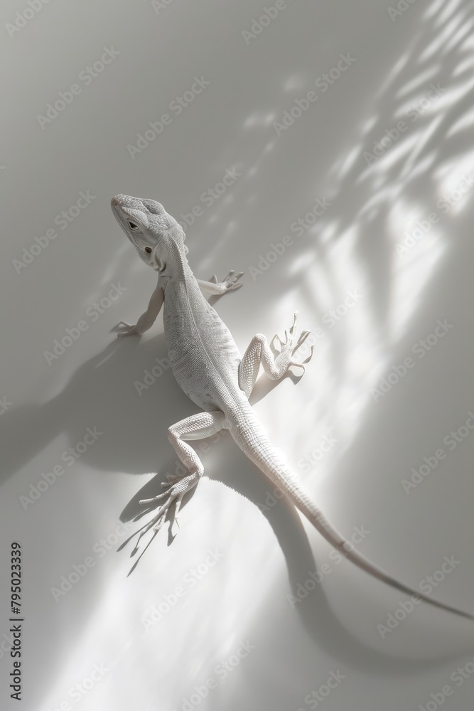 Fototapeta premium Lizard basking in the sun, its body outlined by the soft glow of natural light. The image, with its clean lines and minimalistic background