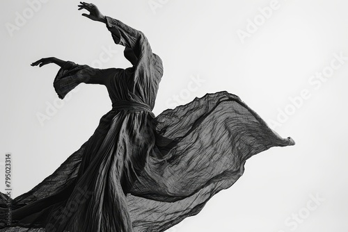 Black and white photograph showcasing the natural elegance of a linen-clad figure gracefully moving in a dance-like pose. Minimalist composition inspired by the simplicity