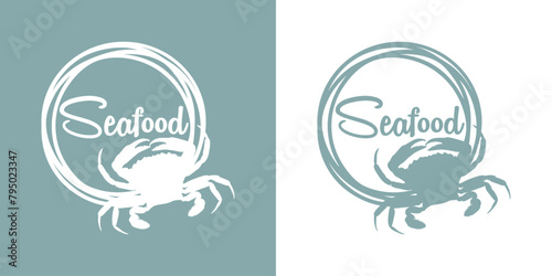Logo restaurante de mariscos. Palabra Seafood en texto manuscrito con marco circular con líneas con silueta de cangrejo