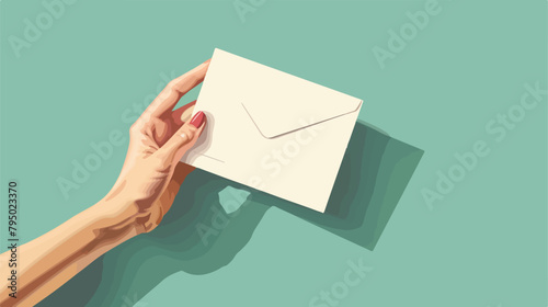 Female hand with envelope and blank card on color background