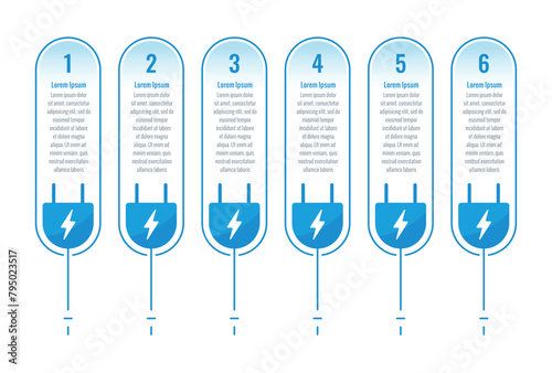 Infographic template for energy, environment, annual report, magazine, education, business. six step briefing template. electrical plug information template