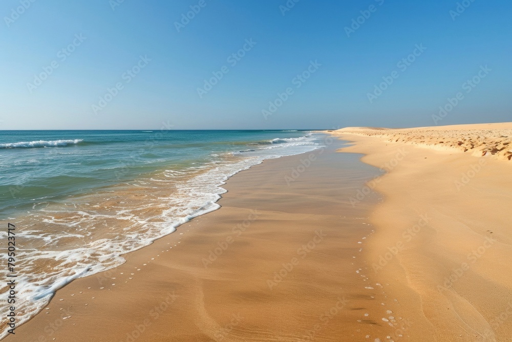 A beach with soft golden sand and gentle waves under a clear blue sky.