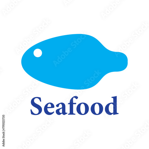 Logo restaurante de mariscos. Palabra Seafood con combinación de silueta de cuchara y cabeza de pescado
