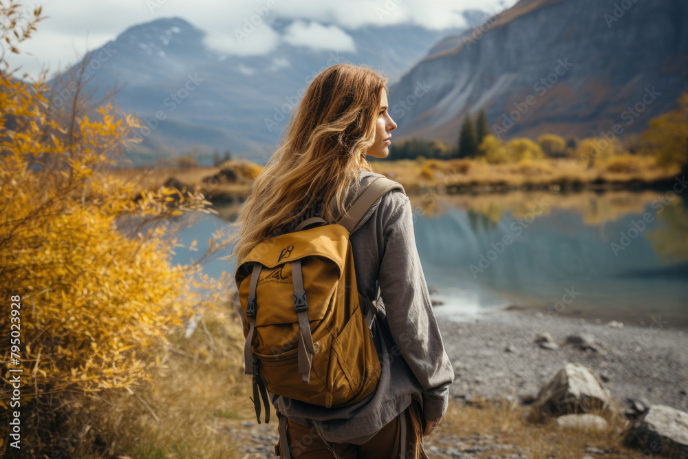 A woman travels in the mountains with a backpack.