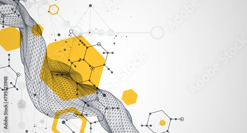 Scientific and technological background. Wireframe wave with hexagons of different types on a gray gradient.