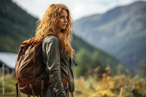 Woman travels in the mountains with a backpack.