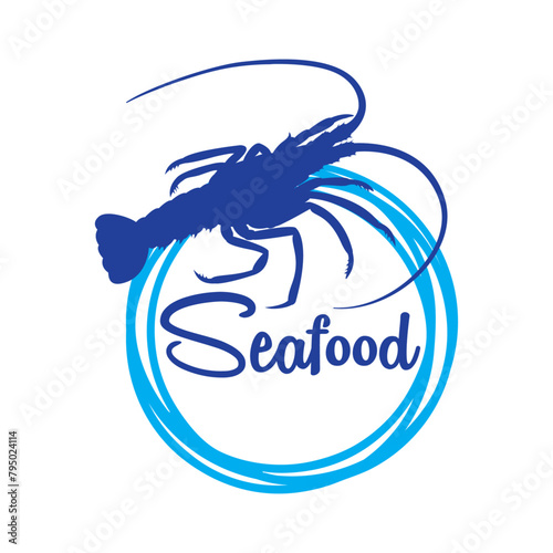 Logo restaurante de mariscos. Palabra Seafood en texto manuscrito con marco circular con líneas con silueta de langosta