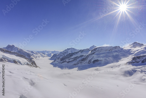 Landscape Views From Jungfrau Mountain Range And View Of The Large Aletsch Glacier Under Clear Sky, Switzerland © weniliou