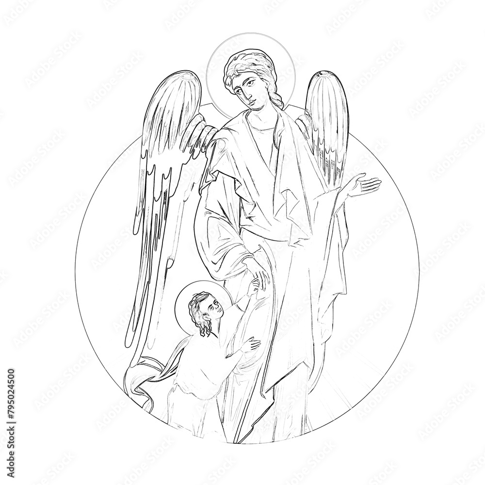 Guardian Angel. Religious coloring page in Byzantine style on white background